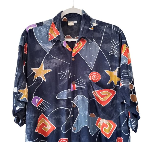 Hawaiian Shirt Island Man Whimsical Blue Abstract Geometric L - Picture 8 of 13